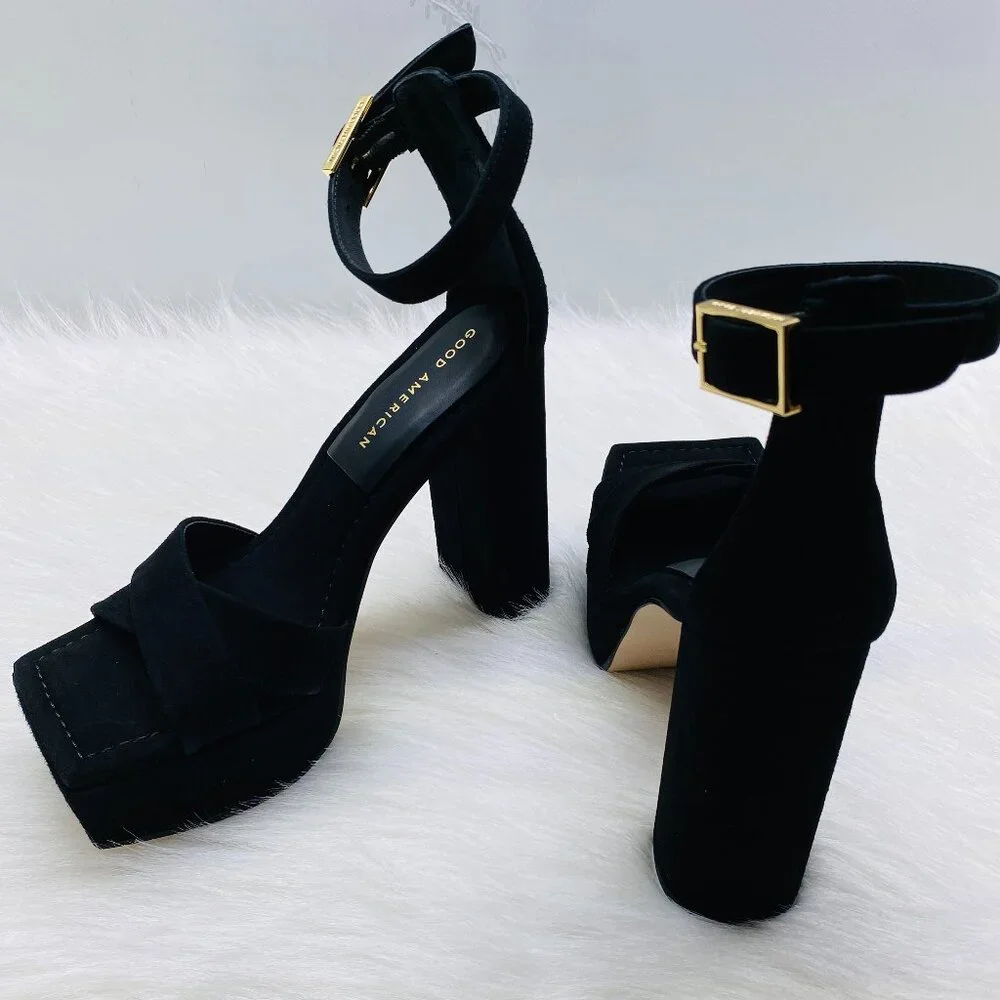 GOOD AMERICAN Suede Square Toe Platform Chunky Heels GA159K-E Black Sz 6 NEW - Picture 1 of 5